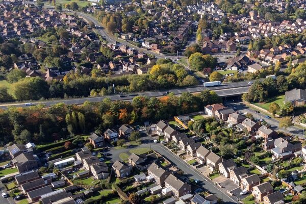 Aerial drone photo of typical British UK housing estates.