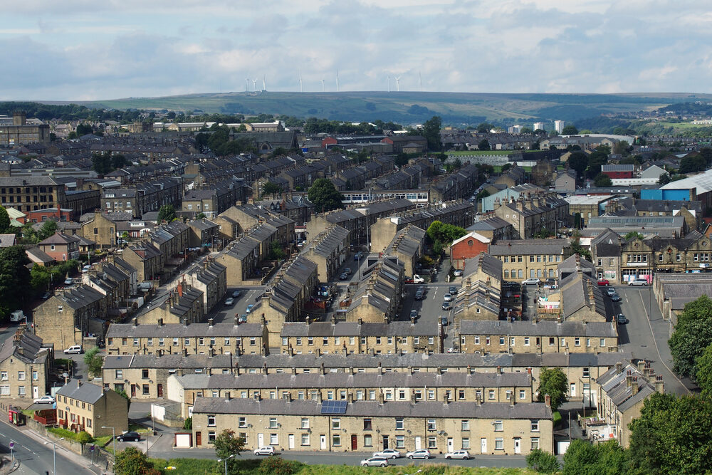 Aerial view of Halifax in West Yorkshire showing residential streets and terraced houses.